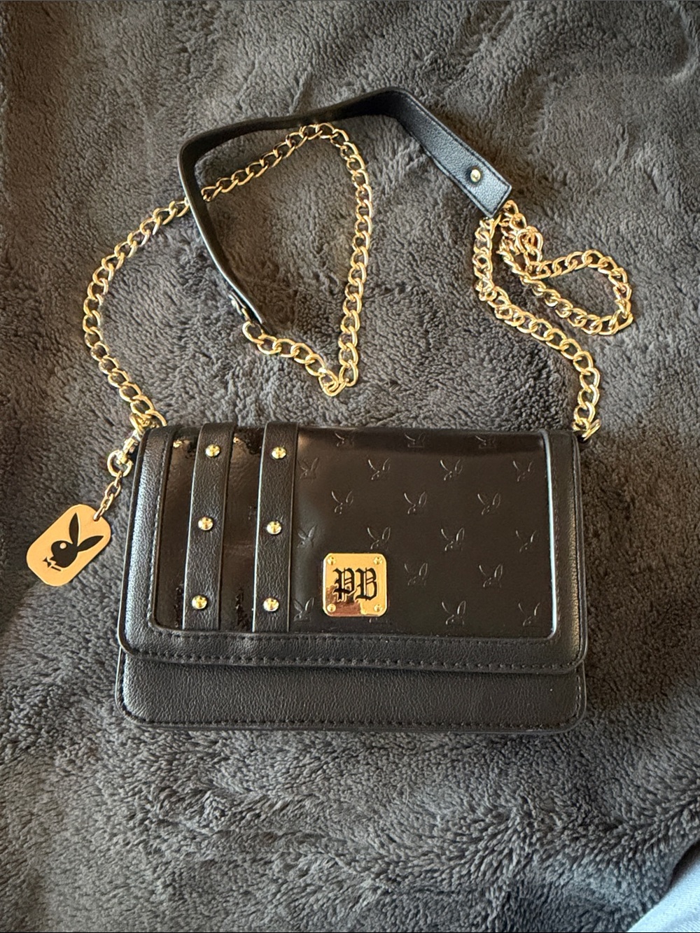 PLAYBOY Black Patent Crossbody with Gold Chain